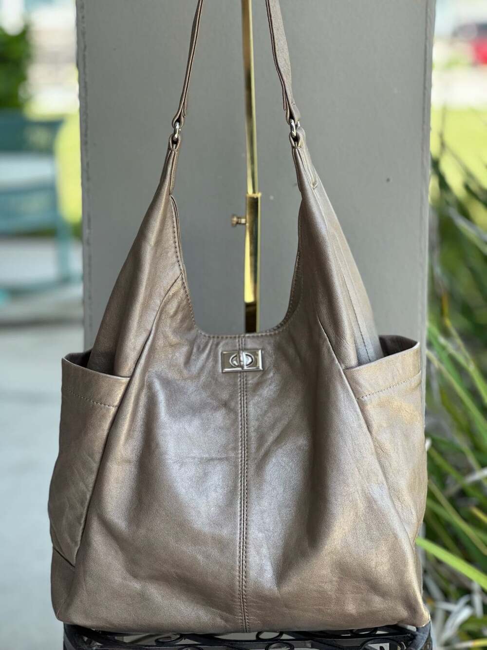 Banana Republic Metallic Bronze Leather Hobo Shoulder Bag with Twist Lock